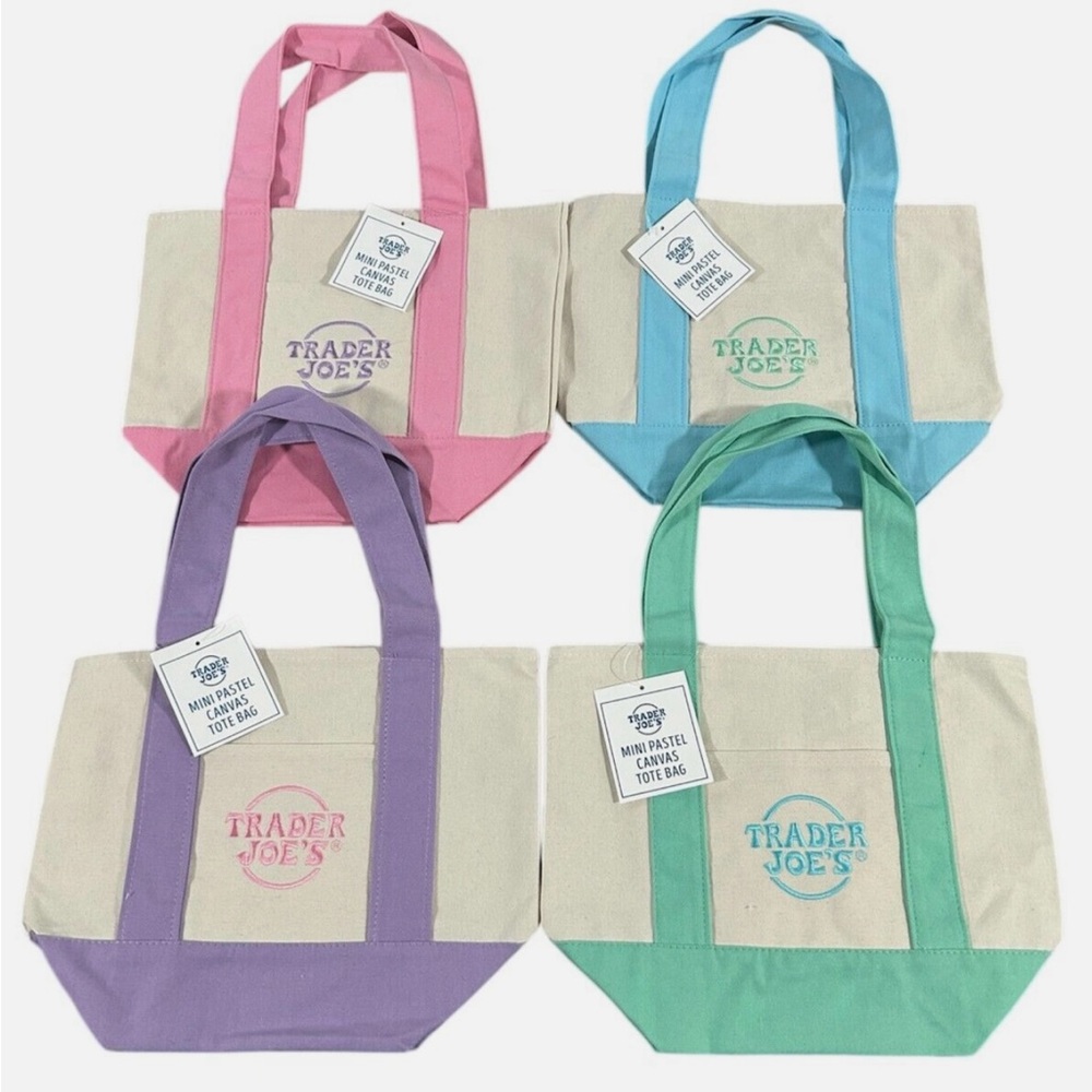 FULL SET of four Trader Joe’s Pastel Mini Canvas Tote Bags